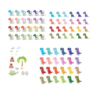 May include: A set of colorful dinosaur illustrations, including a variety of colors, poses, and sizes. There are also illustrations of a volcano, a palm tree, and dinosaur eggs.