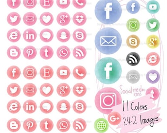 Aquarell Social Media Icons Clipart, Website Symbole, Blog, Blogger, Media Buttons Clipart, Rosa, Blau, Gold, Schwarz Symbole Grafik, CA46