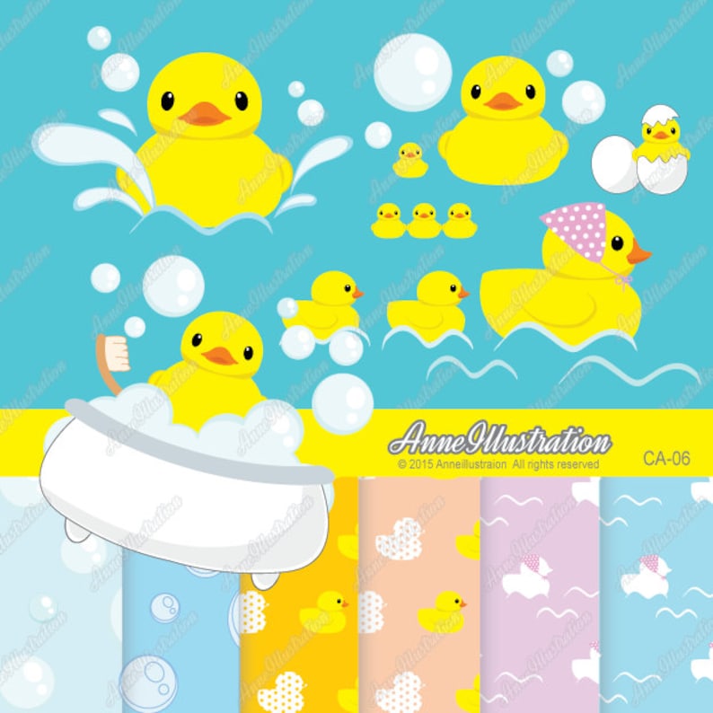 May include: A set of four digital paper designs featuring yellow rubber duckies in various poses, including a duck in a bathtub, a duck with a bow, and ducks swimming in a pool. The designs are perfect for creating invitations, cards, and other crafts.