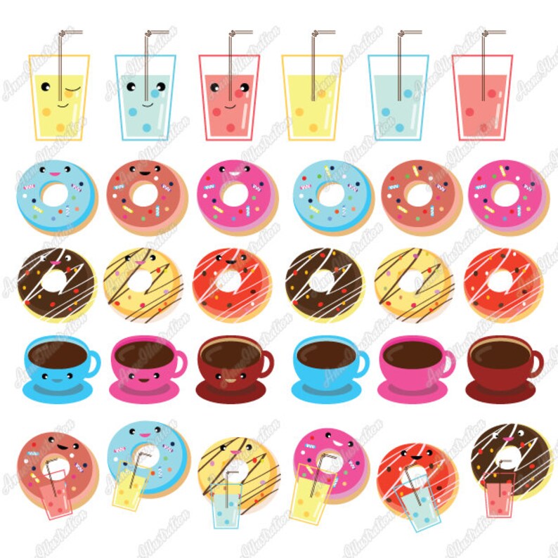 May include: A set of 30 colorful cartoon illustrations featuring donuts, coffee cups, and glasses of juice. Each illustration has a smiling face and is decorated with sprinkles, chocolate, or other toppings.