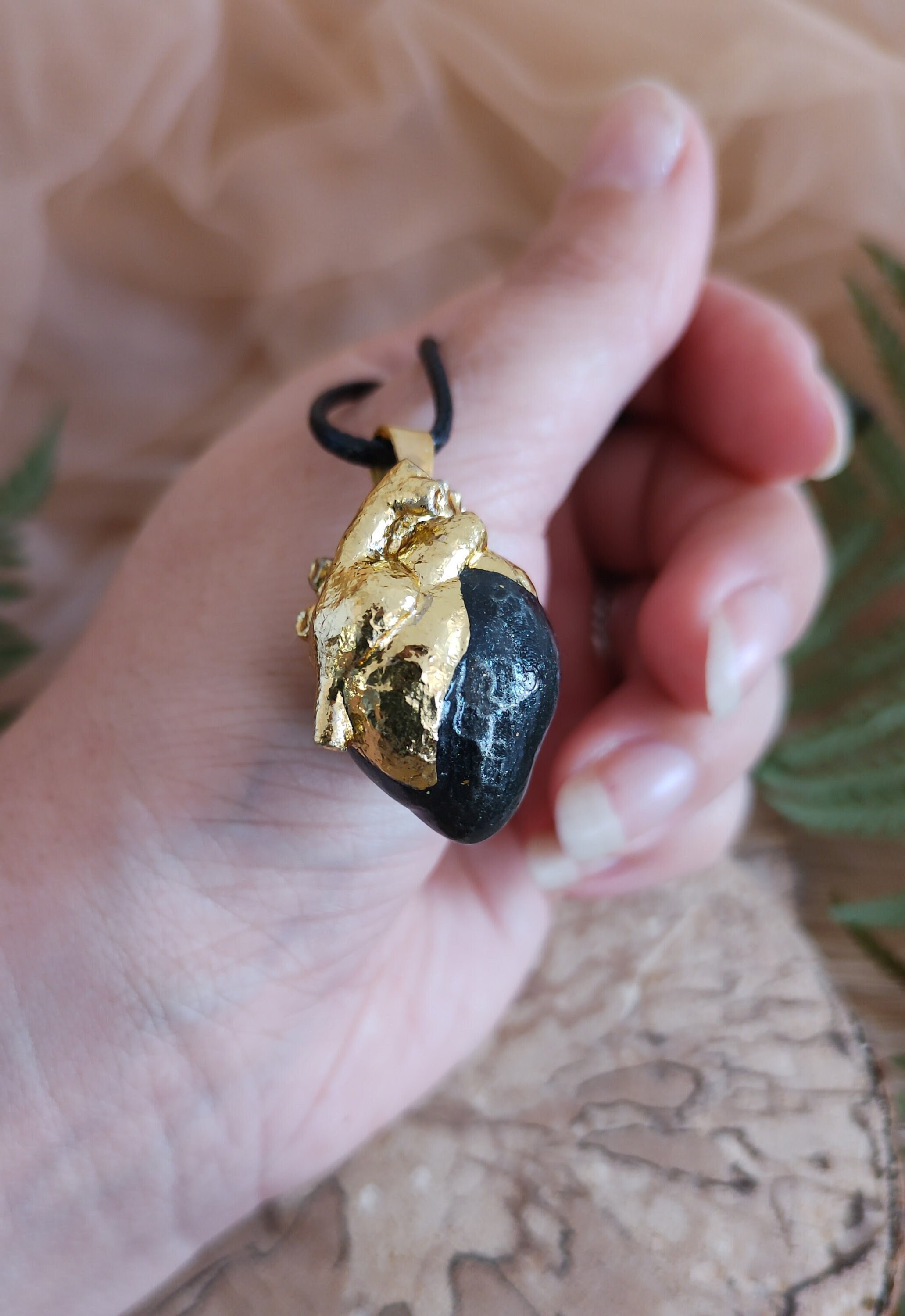 White and Gold Anatomical Heart Pendant - Gold Resin Ex-voto