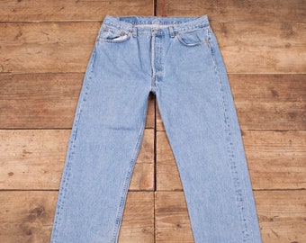 Mens Vintage Levis Red Tab 501 1990s Blue Denim Jeans USA Made 36” x 32” R8689