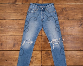 vintage Levis 501 Jeans 24 x 28 Straight Stonewash Graphique Brut Ourlet Denim R32904