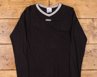 Vintage Nike Spell Out T Shirt Medium jaren '90 USA Made Lange Mouw Zwart V Hals Tee