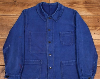 Vintage French Workwear Jacket M Moleskin 50s Chore Utility Blue R23829