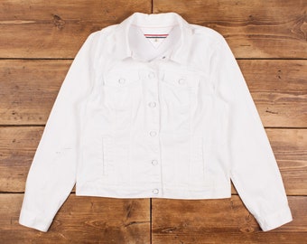 Vintage Tommy Hilfiger Denim Jacket Large Button Up White Trucker Womens R31856