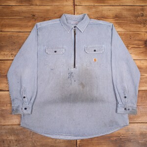 Vintage Carhartt Shirt Hickory Striped Chore Workwear Quarter Zip