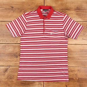 Vintage Single Stitch Striped Polo Shirt S 90s 50/50 Button Up Red Tee R28919