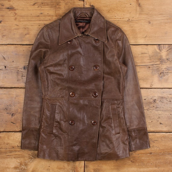 Vintage Isda & Co Leather Jacket S 90s Double Breasted Coat Brown 