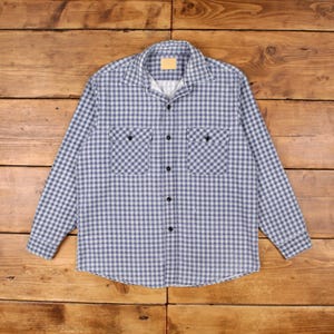 Vintage Sears Check Shirt Button L 70s Houndstooth Perma Prest Mens Blue Check