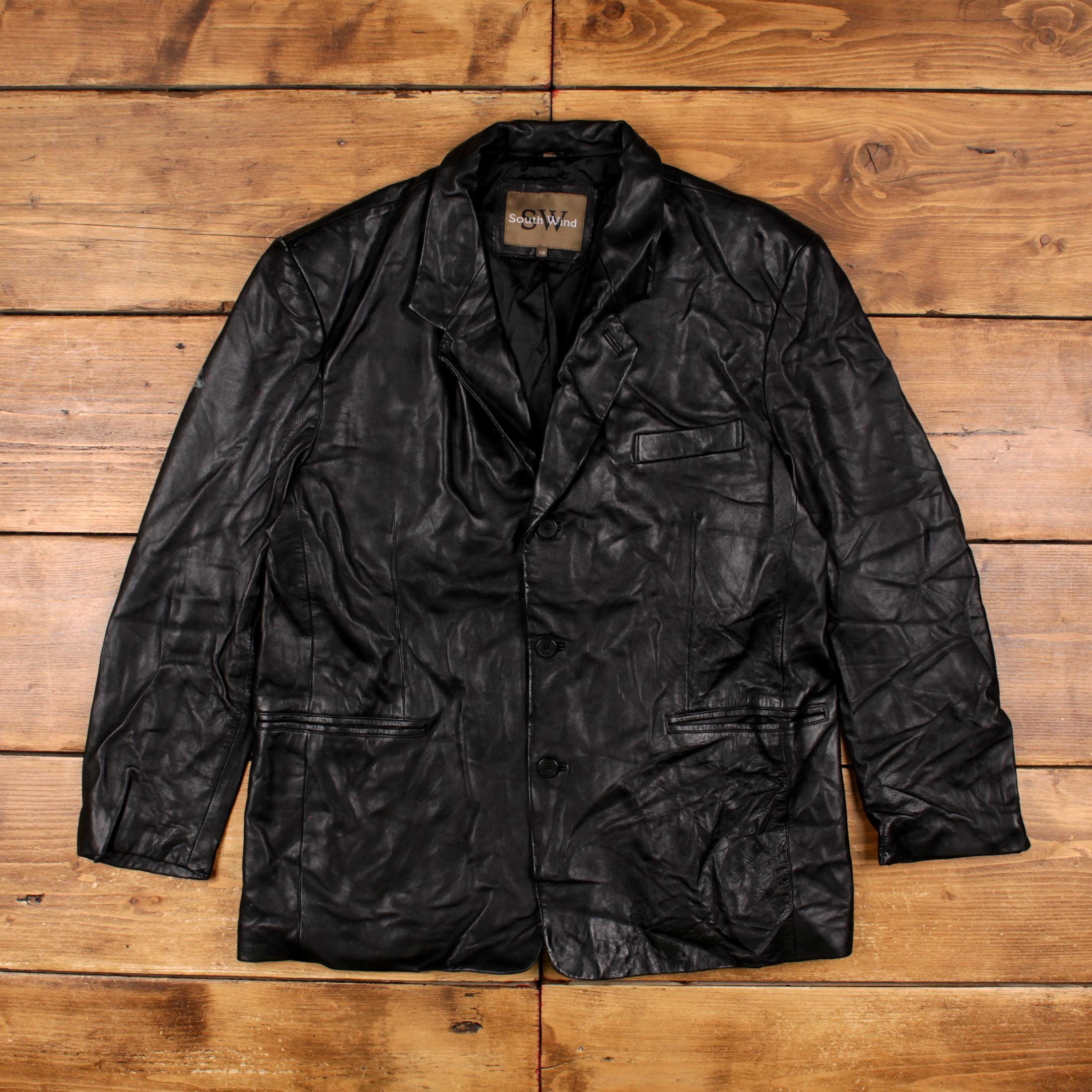 Vintage South Wind Leather Jacket L 90s Black - Etsy