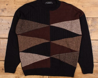 Maglione vintage Protege Jumper L anni '90 girocollo geometrico a blocchi di colore nero