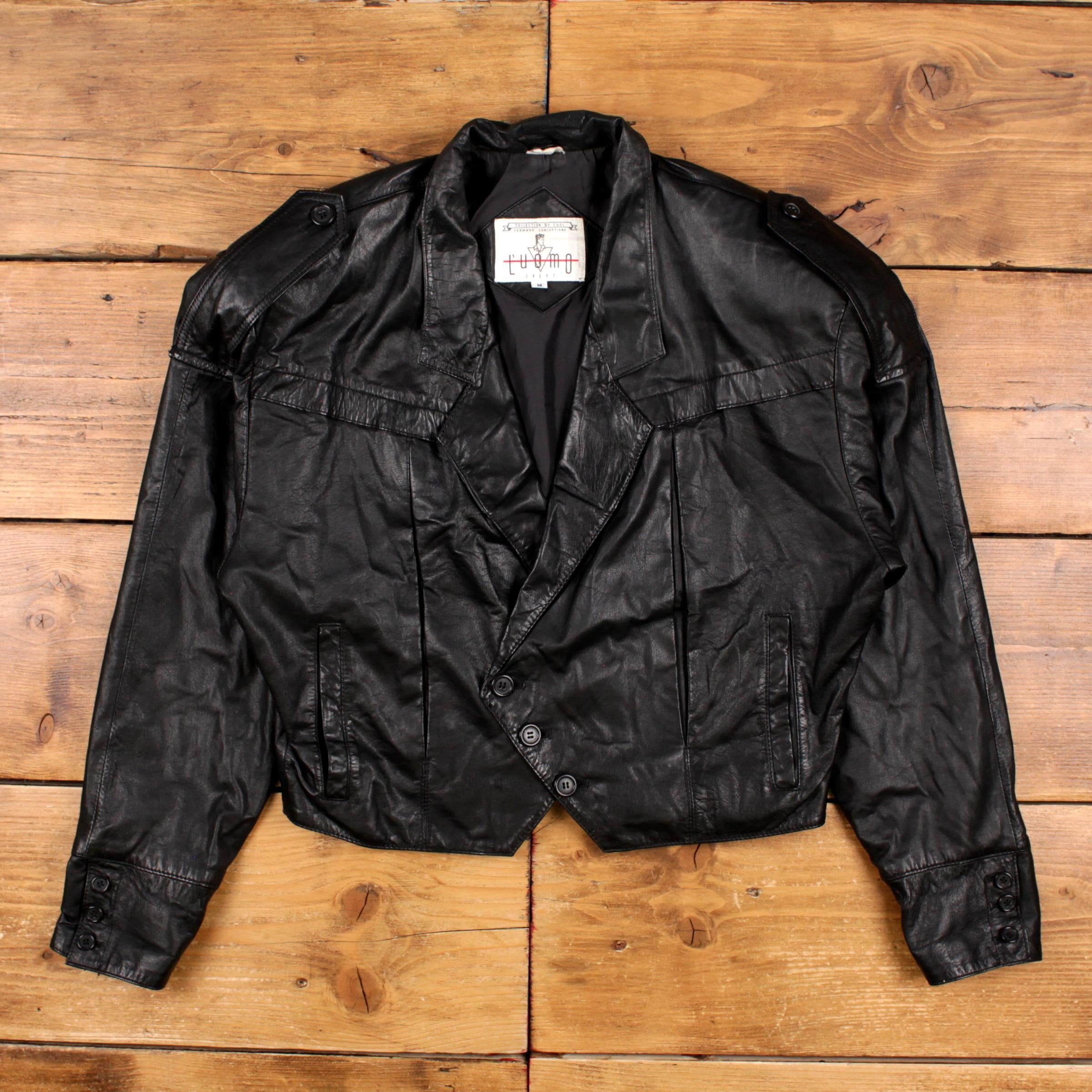 Vintage L'uomo Leather Jacket M 80s Cropped Western Black Womens