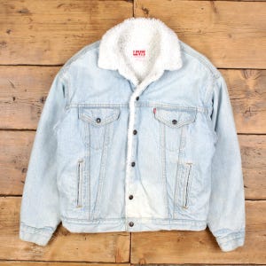 Vintage Levi&#39;s Denim Jacket M 80s Trucker Sherpa Lined USA Made Blue