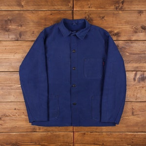 Vintage French Workwear Jacket L Faded Moleskin Blue Button Chore Utility