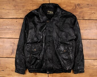 vintage Leather & Soul Leather Jacket L 80s Bomber Patchwork Noir