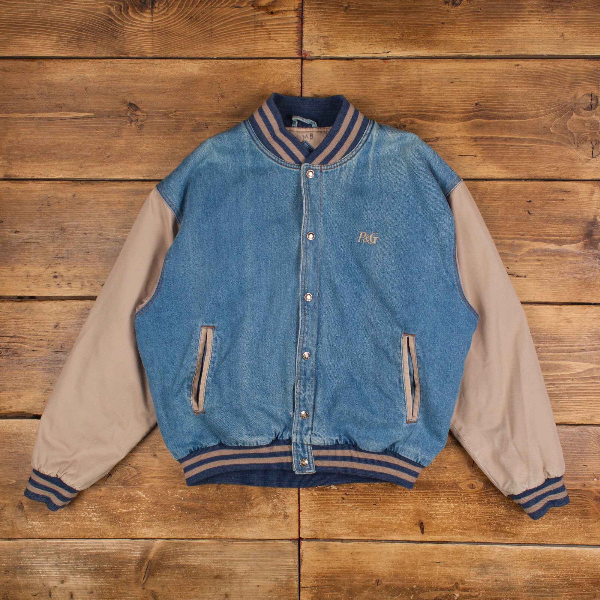 【超特価】 Vintage Tri Blue Denim Bomber 90s L Jacket Varsity Mountain ジャケット・アウター