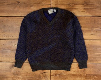 Maglione Vintage By Design S Abstract da donna con scollo a V in lana blu