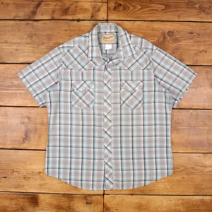 Vintage Wrangler Western Shirt Snap XL 80s Mens Short Sleeve Grey Check