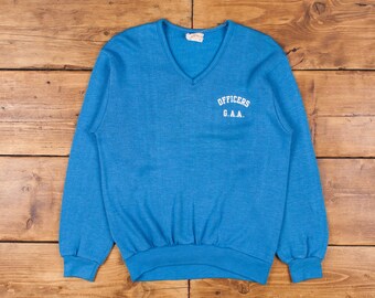 Vintage Creslan und Rayon Pullover Pullover M 70er Jahre V-Ausschnitt Blau