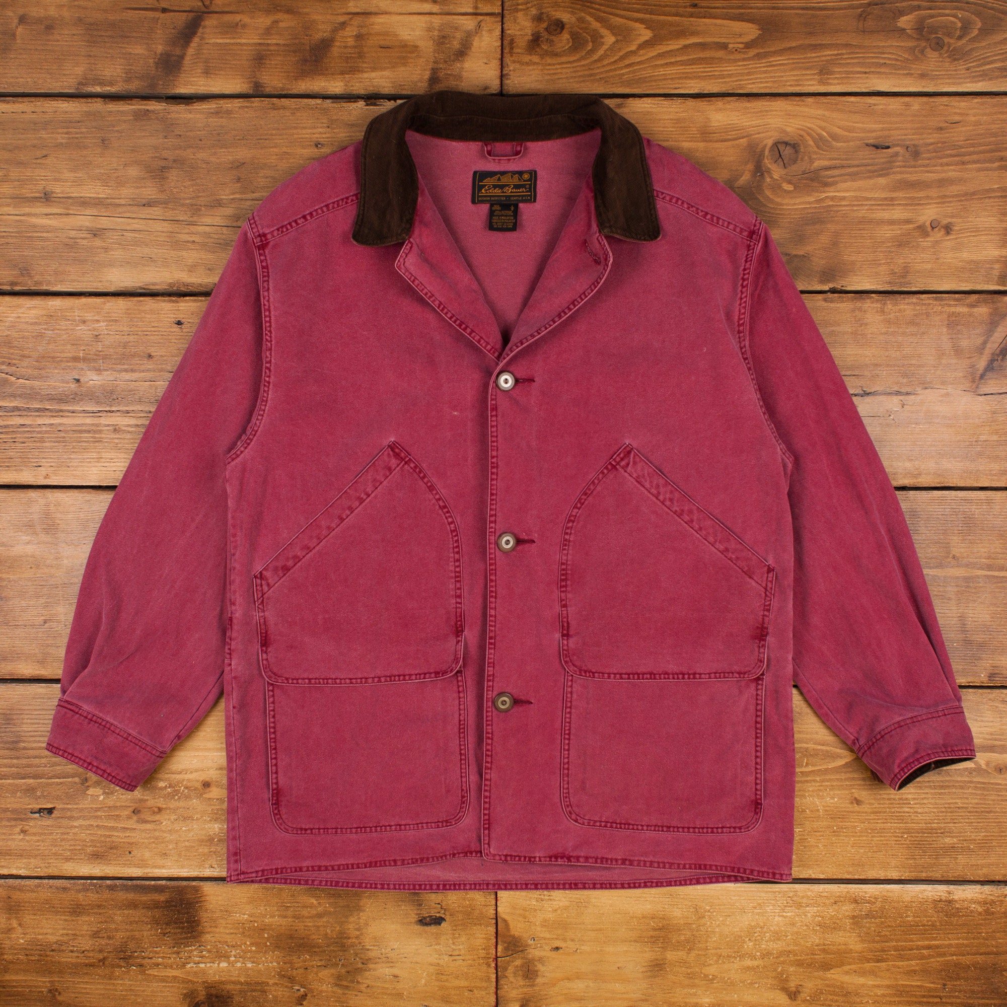 Vintage Eddie Bauer Barn Jacket L 90s Corduroy Collar Chore Pink Button