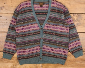 Vintage Eddie Bauer Cardigan L 90s Icelandic Fair Isle V-Neck Wool Blue