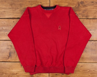 vintage Tommy Hilfiger Pull Pull L Logo Col Rond Rouge