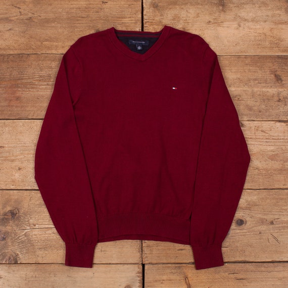 VINTAGE Tommy Hilfiger Knit Pullover Jumper Mens Size XL Red Zip Collared Logo 