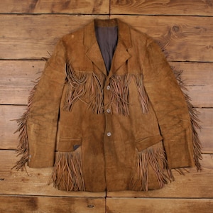 Chaqueta de ante estilo vintage New Mode para hombre, talla M, años 70, marrón, con flecos, estilo vaquero western.