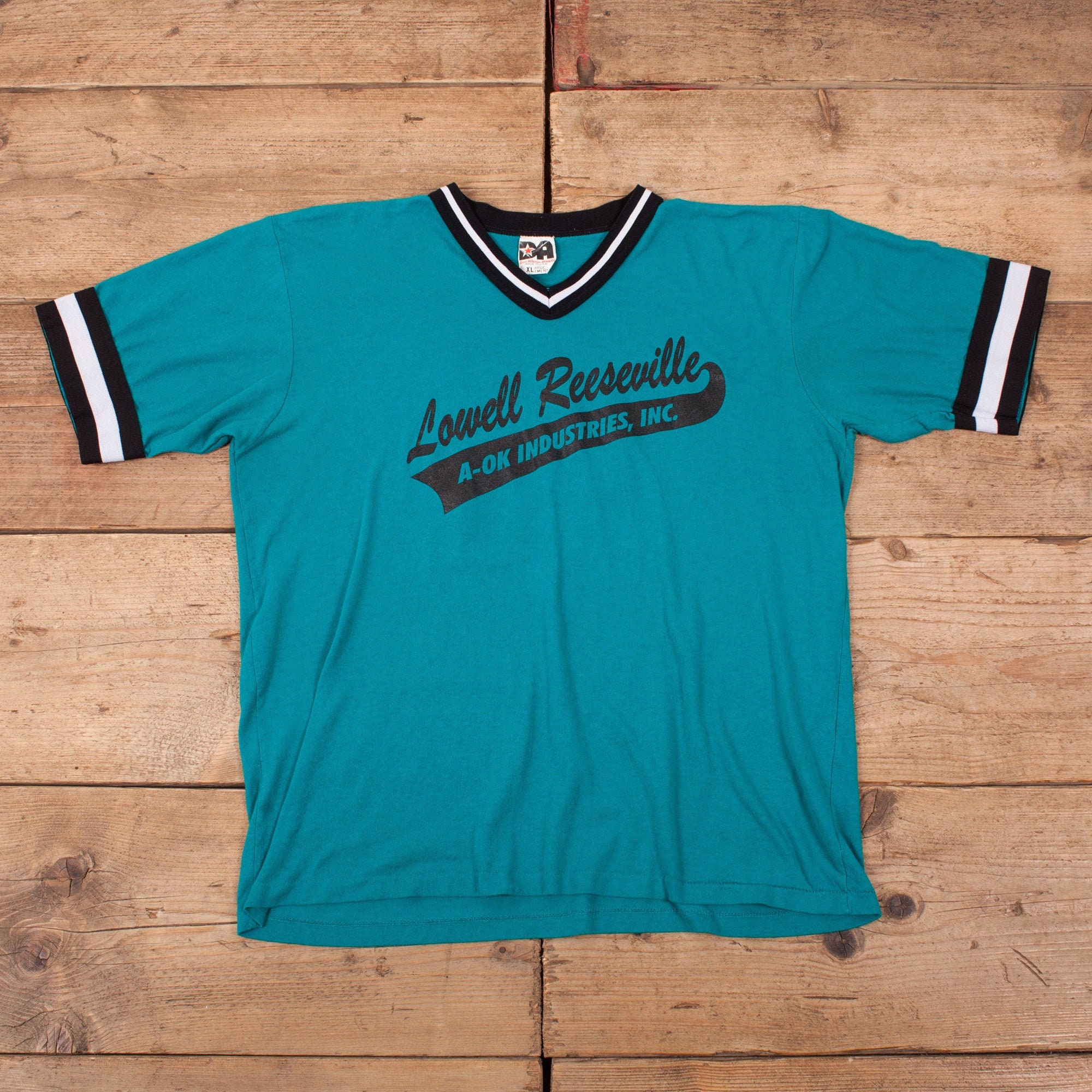 Image of Mens Vintage 80S Usa Blue V Neck Ringer Graphic Sports T-Shirt L 44 R17632