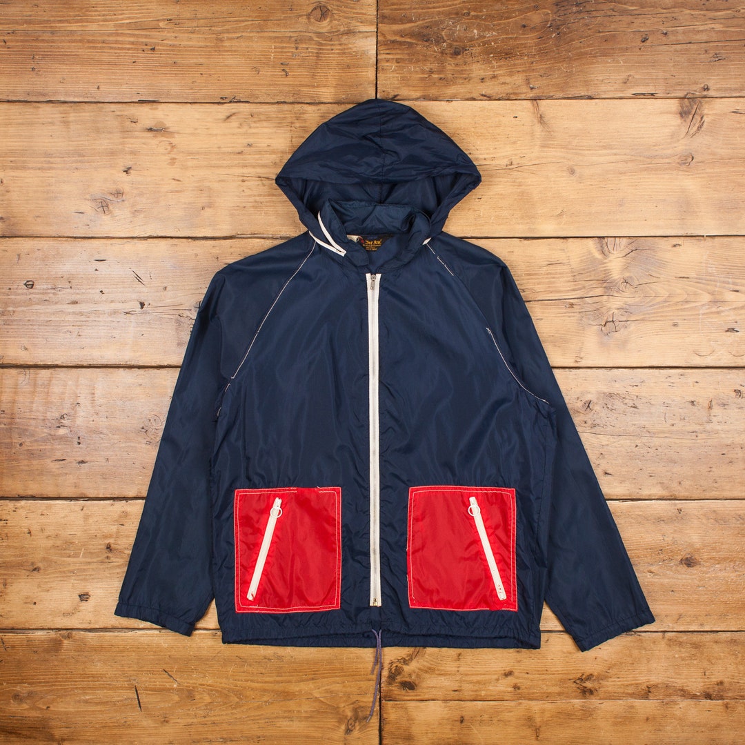 Vintage Windbreaker Jacket M 70s Packable Hood Blue Zip