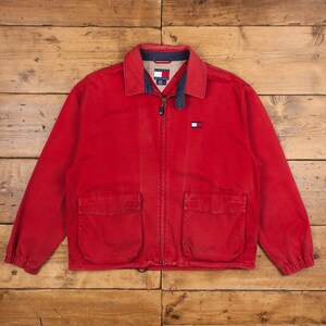 Vintage Tommy Hilfiger Workwear Jacket L 90s Embroidered Logo Red 