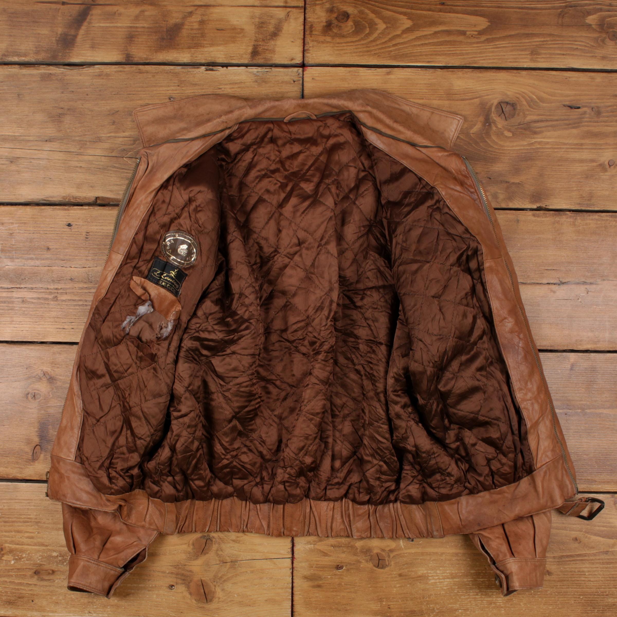 Vintage Vera Pelle Leather Jacket L 80s Bomber Talon Zip Belted