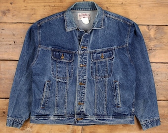 Vintage 90s Wrangler Denim Trucker Jacket, Fishing Patch, Boxy