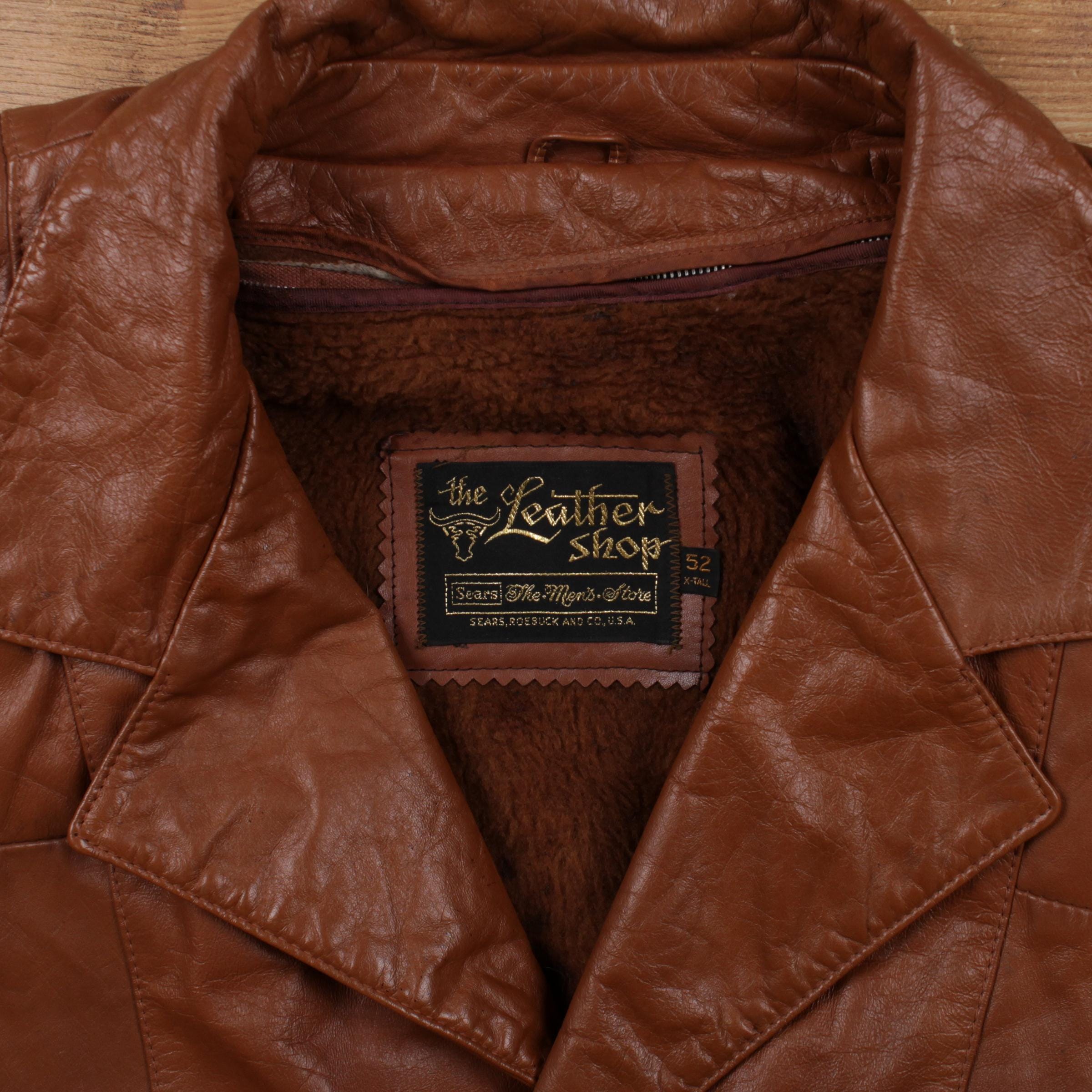 Vintage Sears Leather Jacket 2XL 70s the Leather Shop Faux Fur