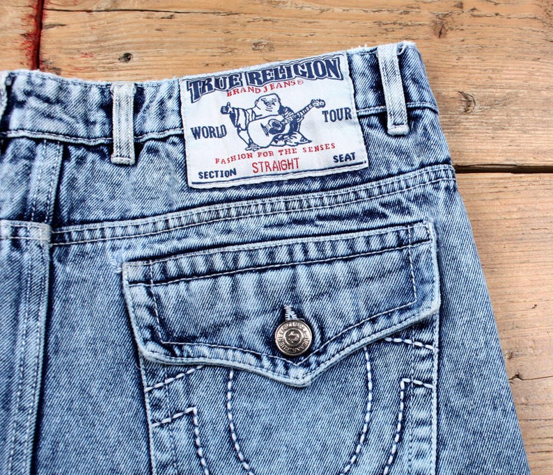 True Religion Y2k Jeans 34x32 Blue Straight Faded Distressed Acid Wash Denim image 4