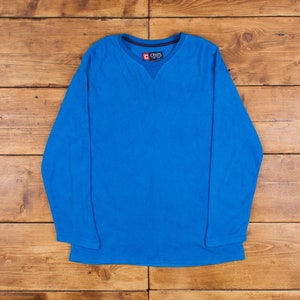 Vintage Blank Fleece Sweatshirt L Slim Blue Roundneck Pullover Jumper