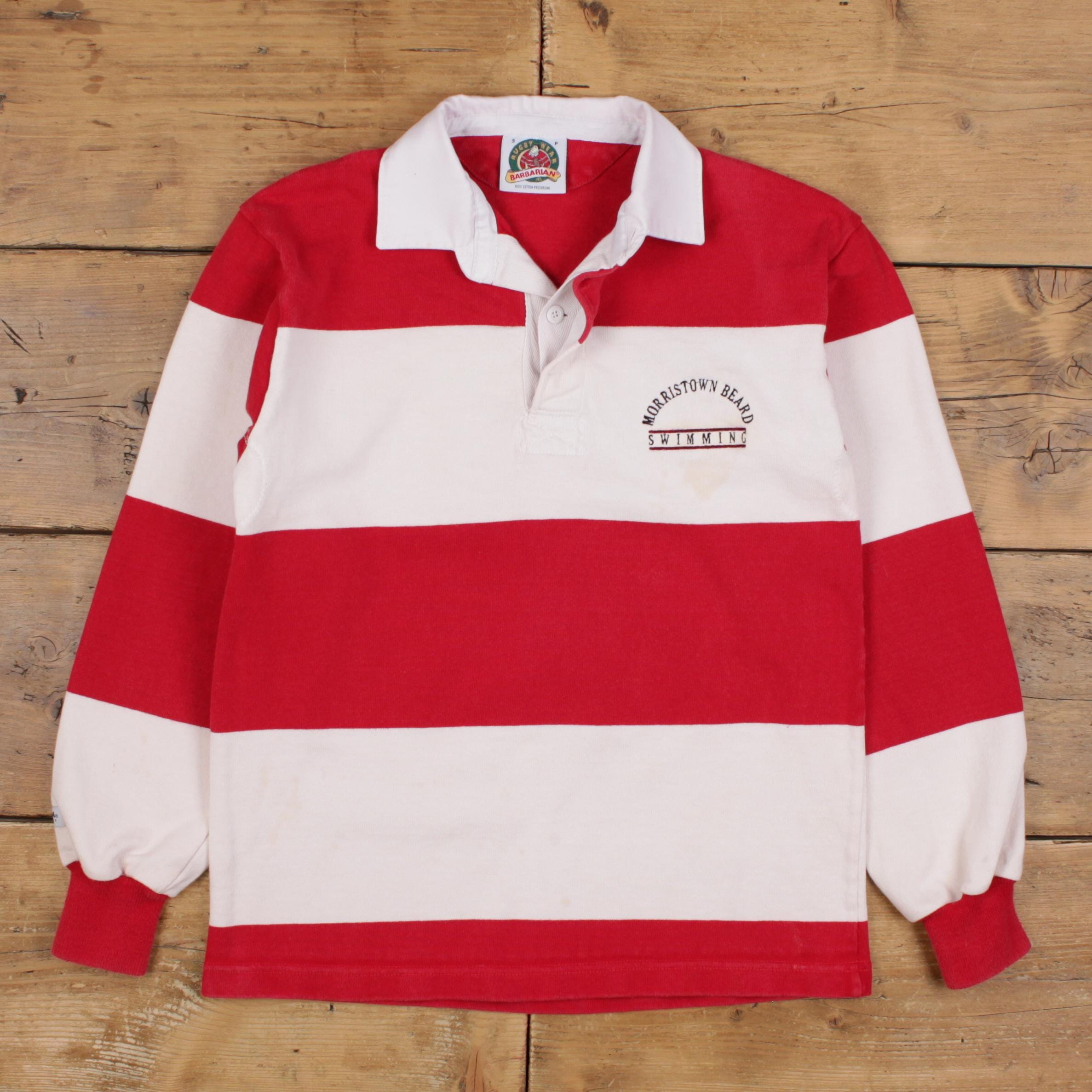 Vintage Barbarian Rugby T-shirt S Mens 90s Red White Striped Long