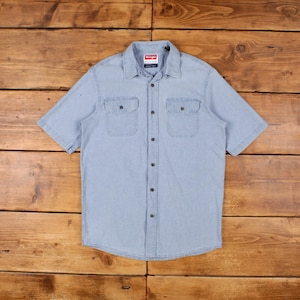 Vintage Wrangler Denim Shirt Button S Mens Short Sleeve Blue Solid