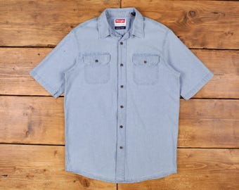 Vintage Wrangler denim overhemd button S heren korte mouw blauw effen