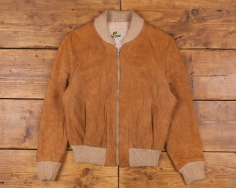 Vintage mac mor Leather Jacket L 80s Suede Bomber Brown Zip