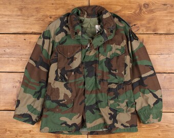 Vintage Military Jacket S 90s M65 Field Cold Weather Camouflage Green Zip Snap