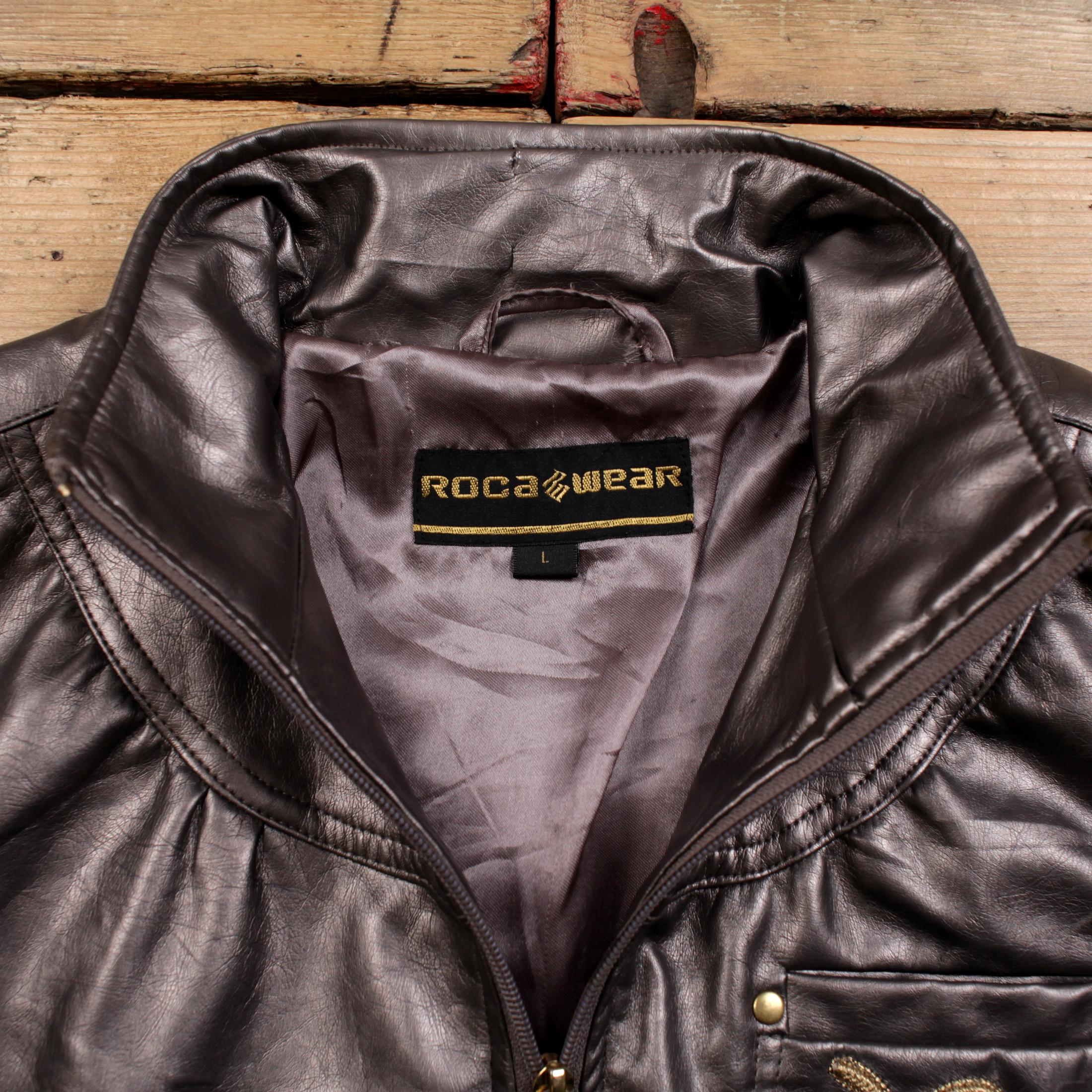 Vintage Roca Wear Leather Jacket L Bomber Holographic Grey Womens