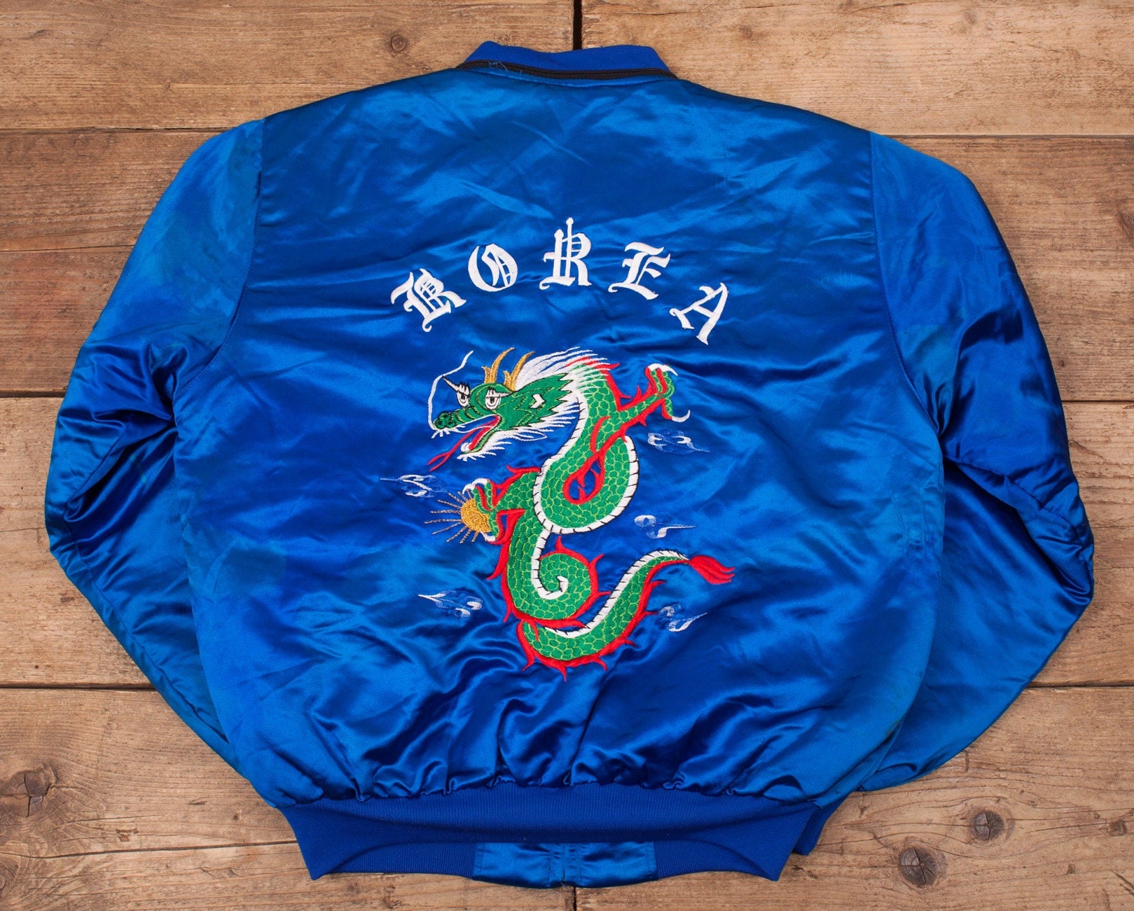Vintage Satin Bomber Jacket Large 80s Souvenir Korea Dragon R13319