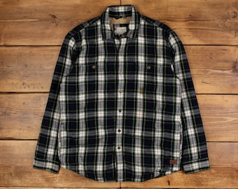 Vintage L.L.Bean Flannel Shirt Snap M Shearling Mens Long Sleeve Green Plaid