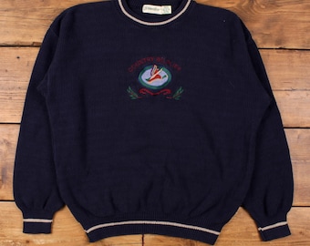 Vintage St Johns Bay-trui trui L heren jaren 90 katoen geborduurd blauw gebreid