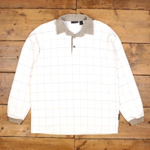 Koszulka polo Vintage Structure XL męska z lat 90. w białą kratkę, z długim rękawem, USA