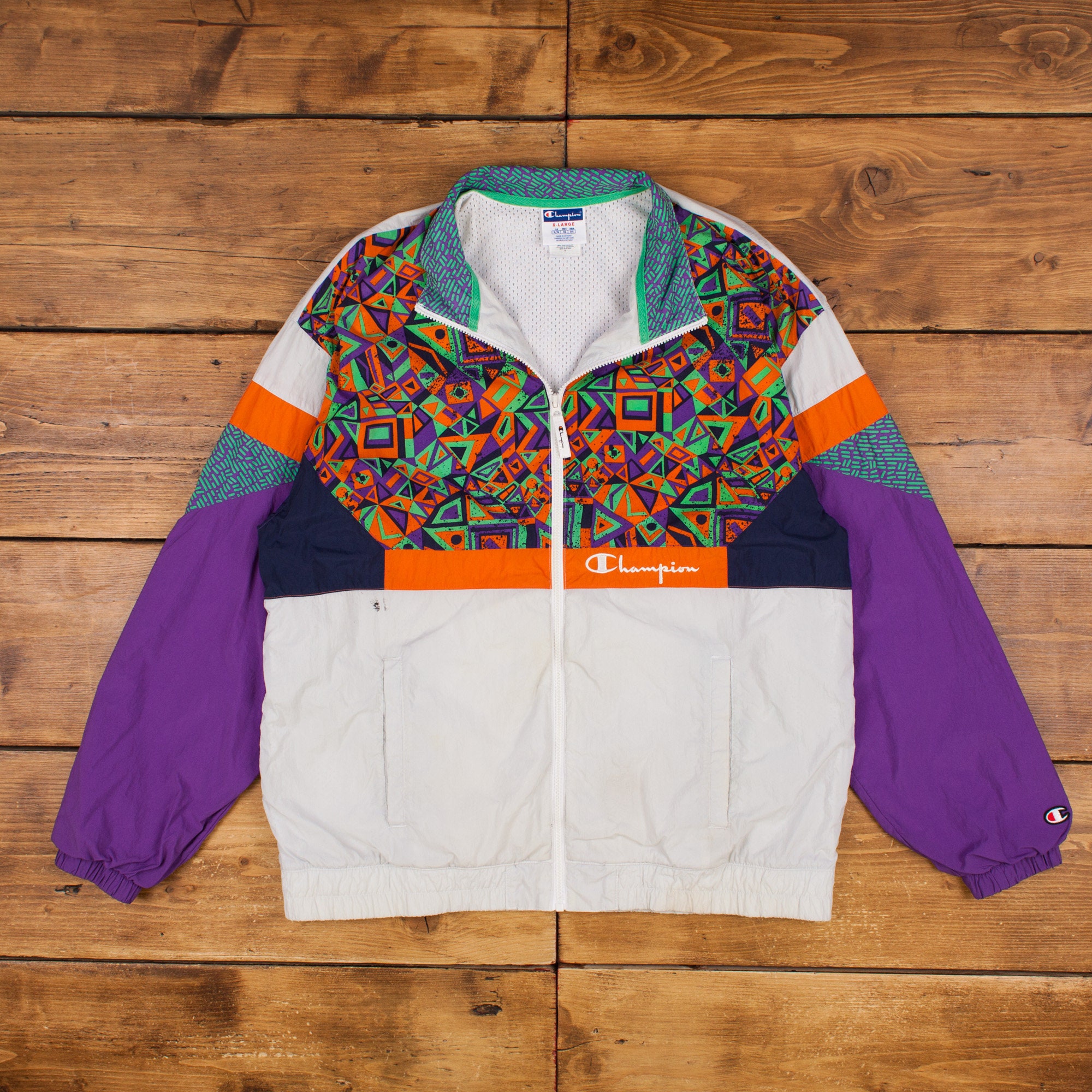 Vintage Champion Windbreaker Jacket XL Geometric White Zip Vintage Champion Windbreaker Jacket XL Geometric White Zip