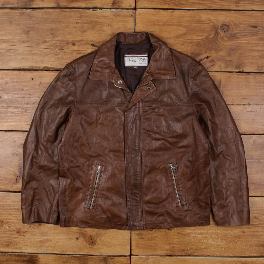 Vintage Vera Pelle Leather Jacket XL 90s Dad Brown - Etsy
