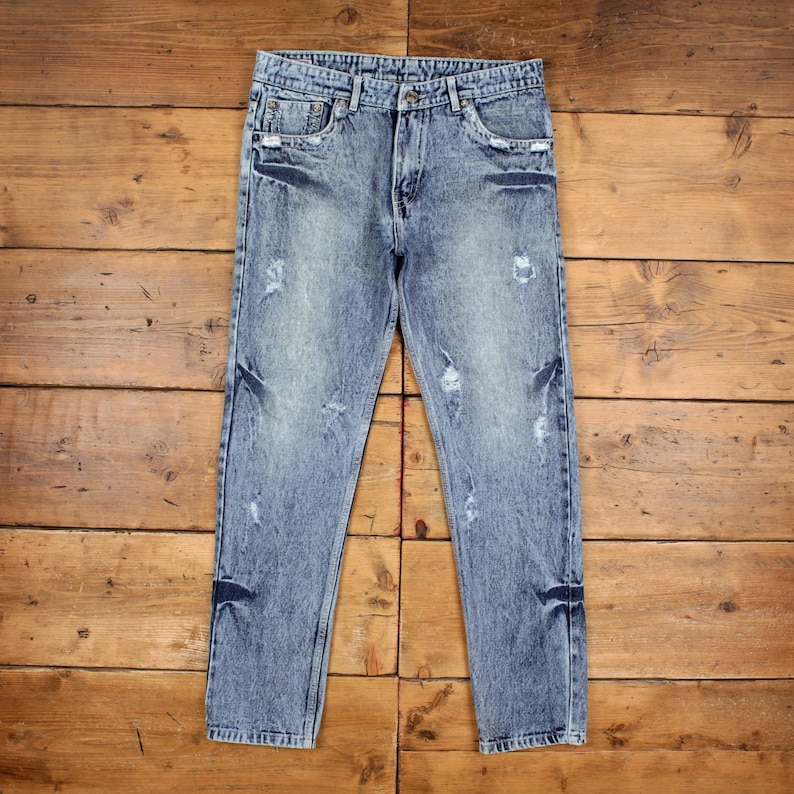 True Religion Y2k Jeans 34x32 Blue Straight Faded Distressed Acid Wash Denim image 1